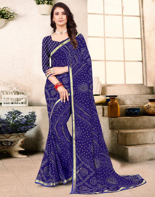 Royal Blue Georgette Bandhani Printed Saree