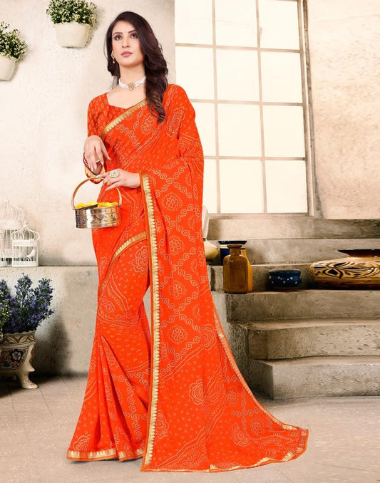 Orange Georgette Bandhani Printed Saree