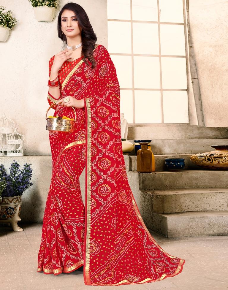 Red Georgette Bandhani Printed Saree