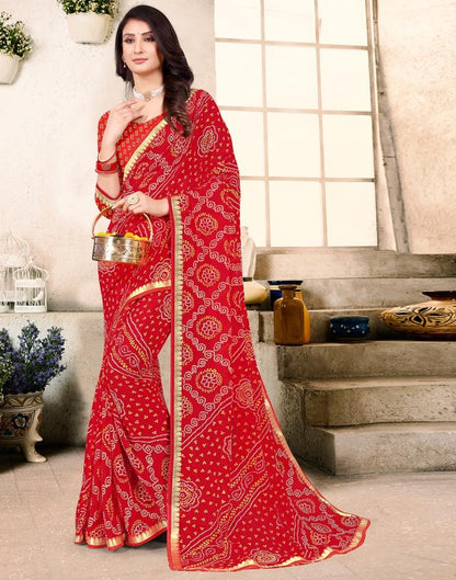 Red Georgette Bandhani Printed Saree