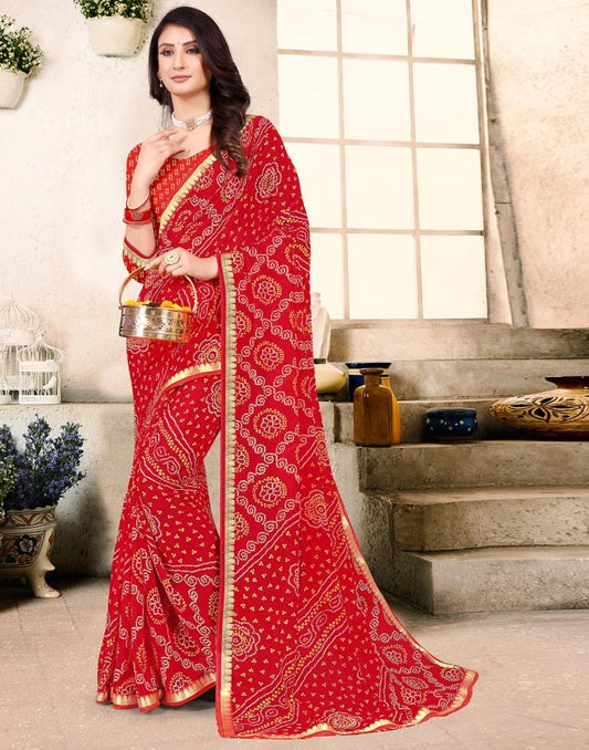 Red Georgette Bandhani Printed Saree