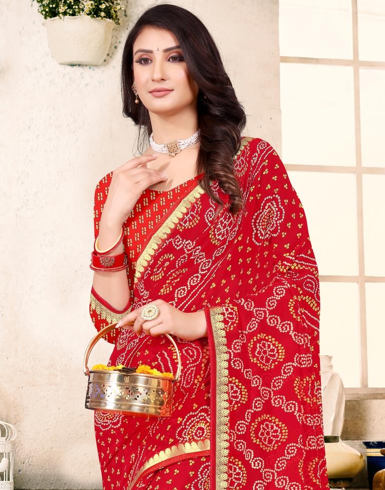 Red Georgette Bandhani Printed Saree