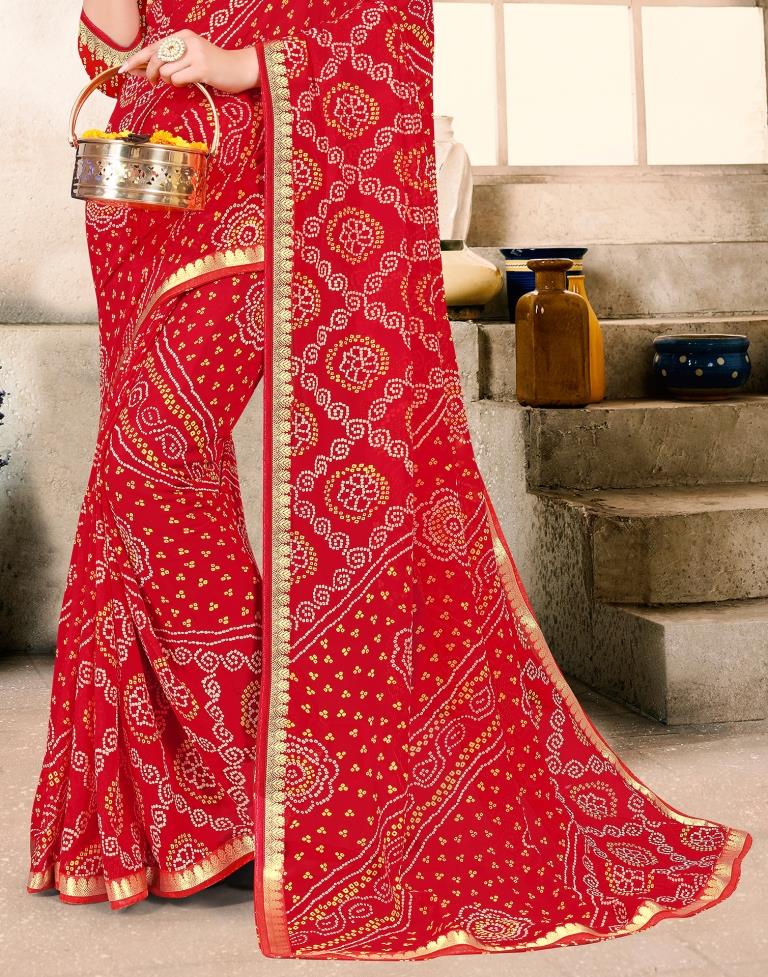 Red Georgette Bandhani Printed Saree