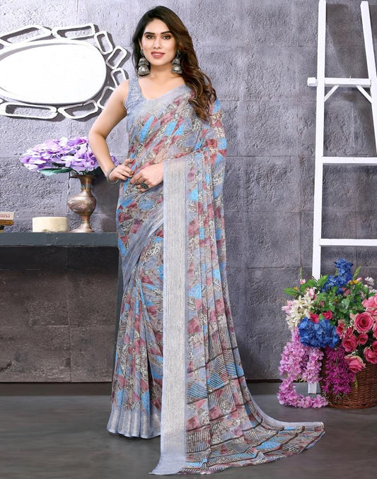 Light Grey Printed Chiffon Saree