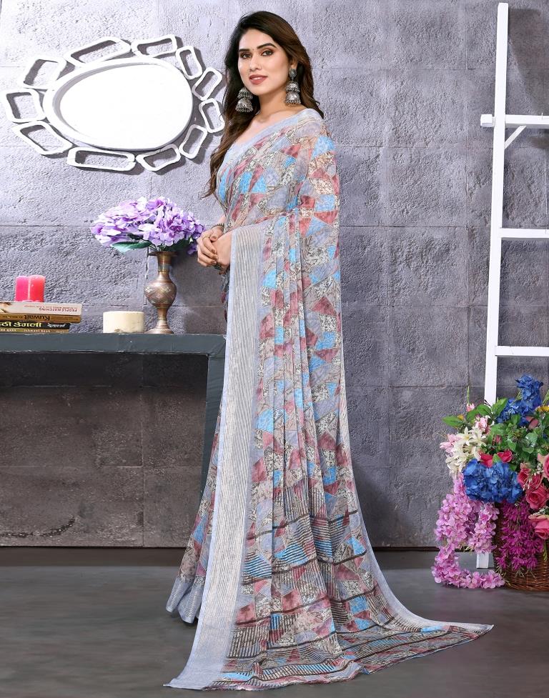 Light Grey Printed Chiffon Saree