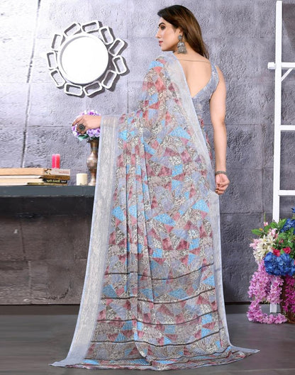 Light Grey Printed Chiffon Saree