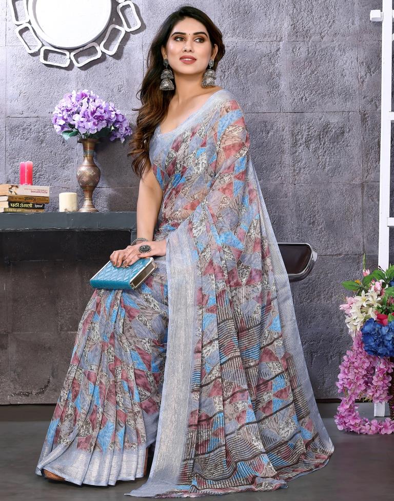 Light Grey Printed Chiffon Saree