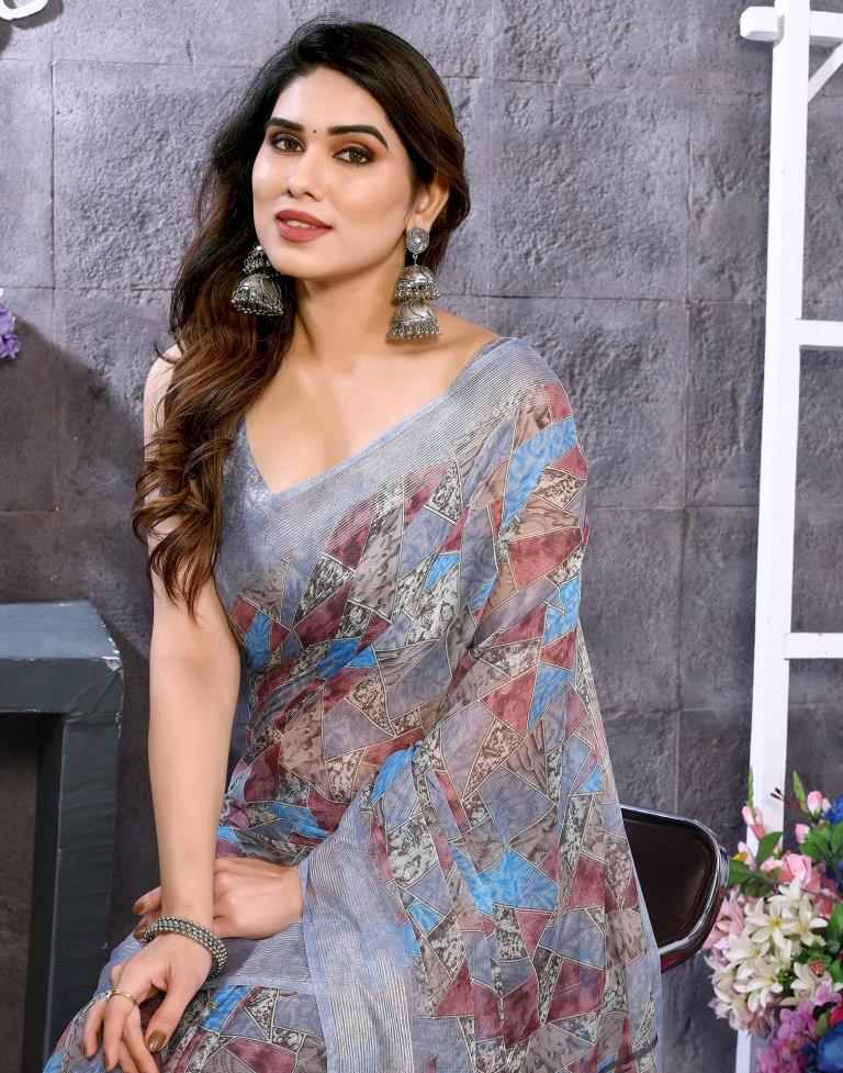 Light Grey Printed Chiffon Saree