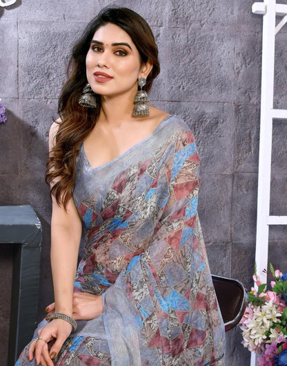Light Grey Printed Chiffon Saree