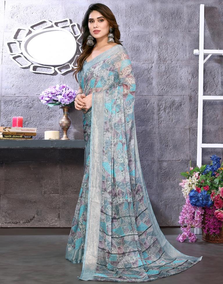 Turquoise Chiffon Printed Saree