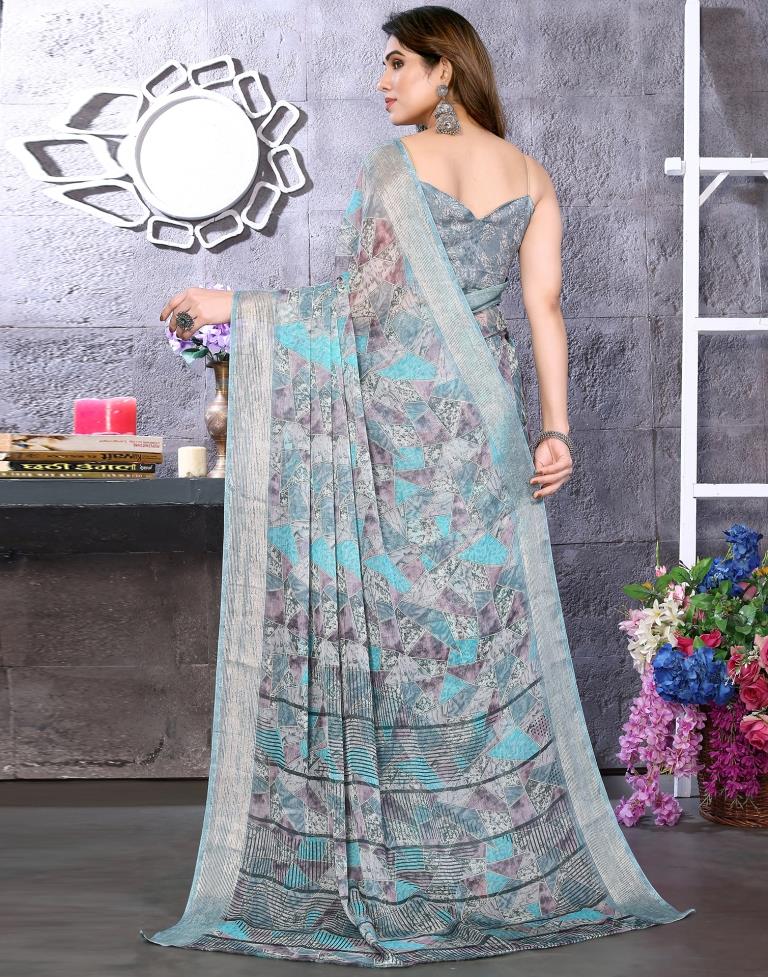 Turquoise Chiffon Printed Saree