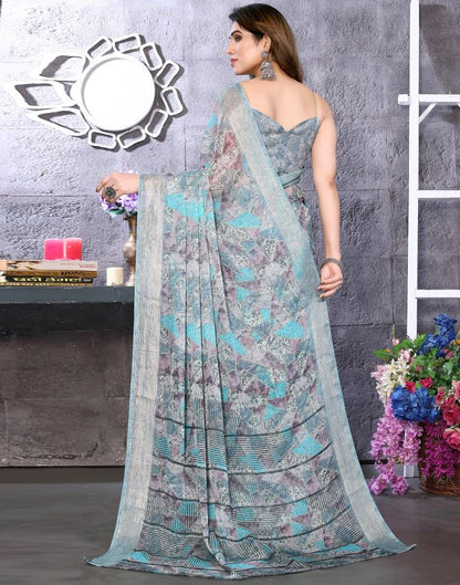Turquoise Chiffon Printed Saree