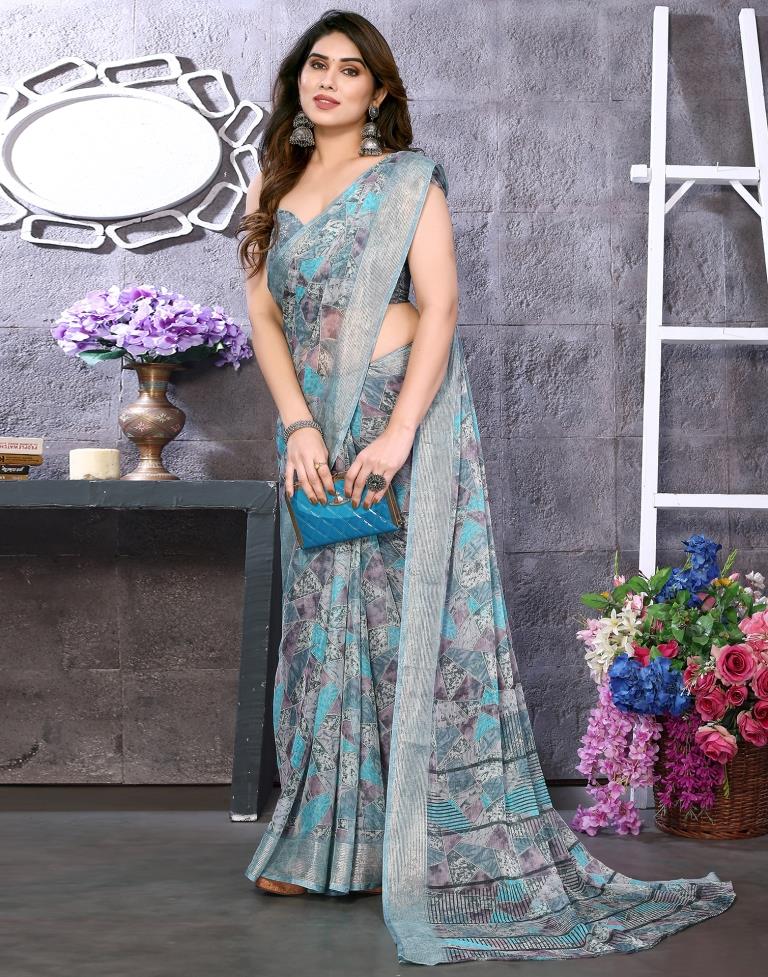 Turquoise Chiffon Printed Saree