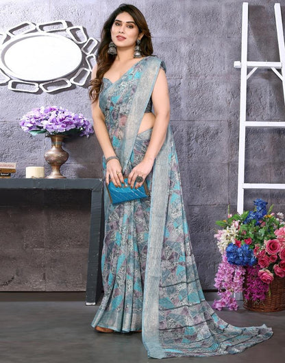 Turquoise Chiffon Printed Saree