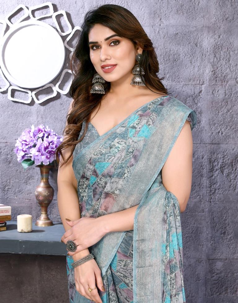 Turquoise Chiffon Printed Saree