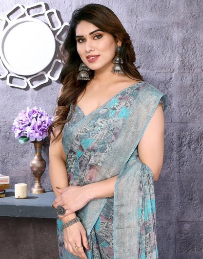 Turquoise Chiffon Printed Saree