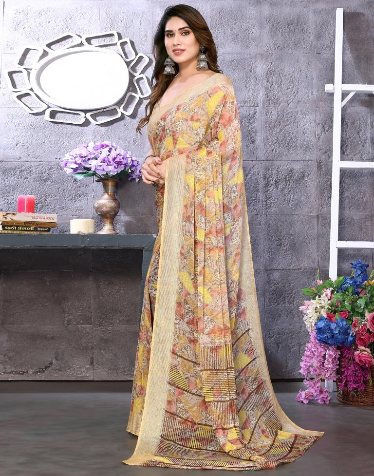 Beige Chiffon Printed Saree