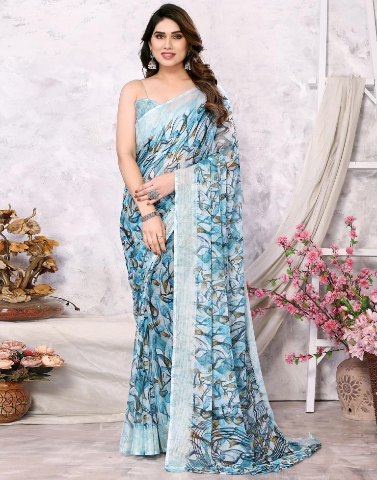 Turquoise Chiffon Printed Saree