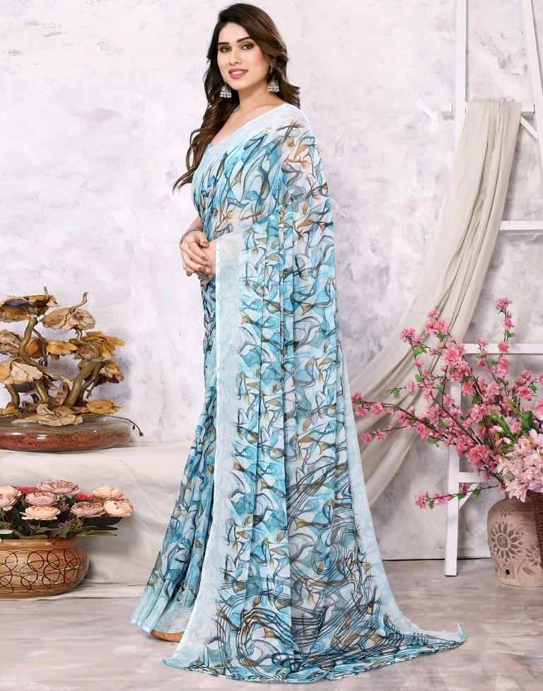 Turquoise Chiffon Printed Saree
