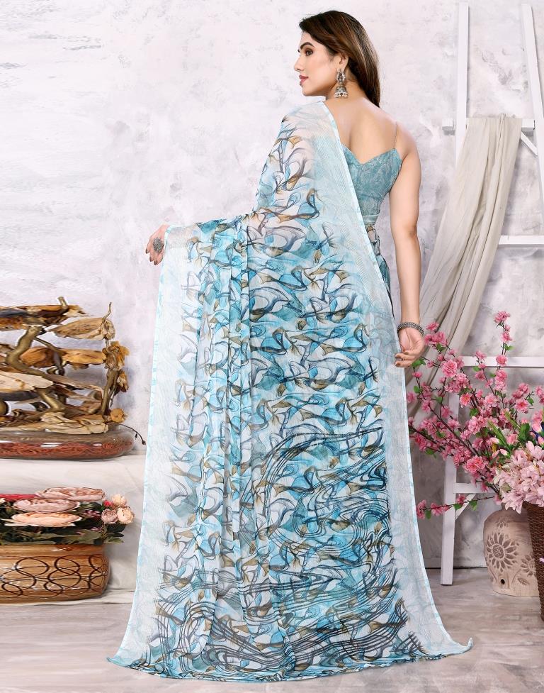 Turquoise Chiffon Printed Saree