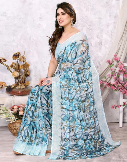 Turquoise Chiffon Printed Saree