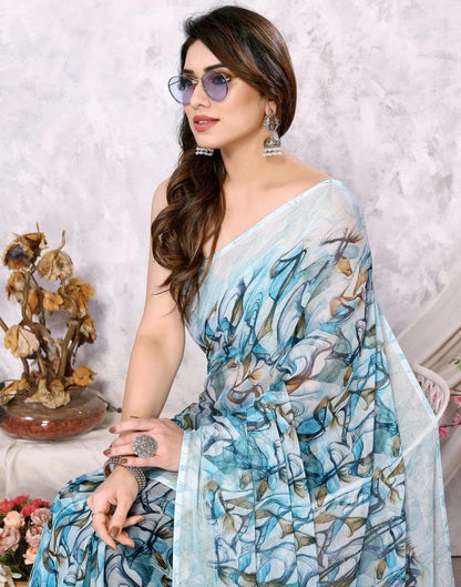 Turquoise Chiffon Printed Saree
