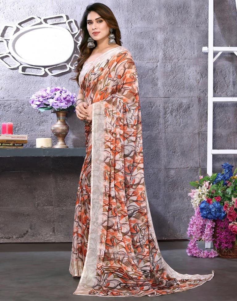 Orange Chiffon Printed Saree