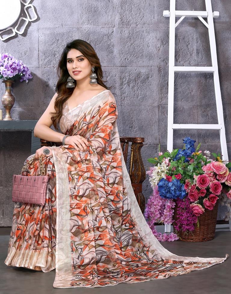 Orange Chiffon Printed Saree