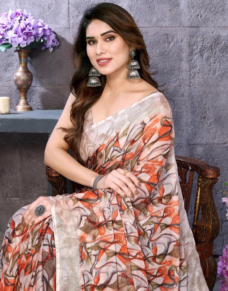 Orange Chiffon Printed Saree