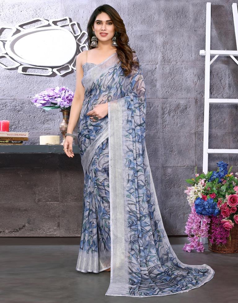 Light Grey Chiffon Printed Saree