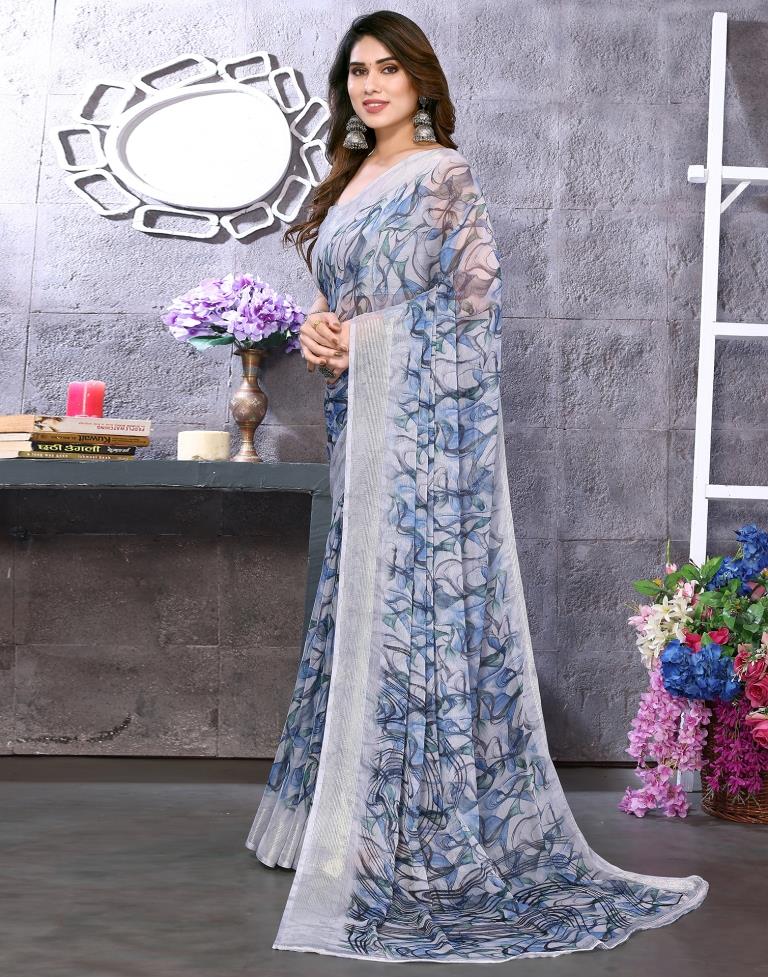 Light Grey Chiffon Printed Saree