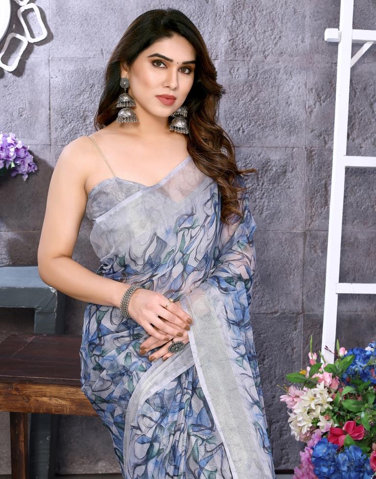 Light Grey Chiffon Printed Saree