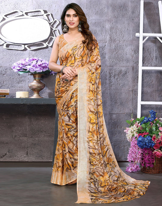 Turmeric Yellow Chiffon Printed Saree