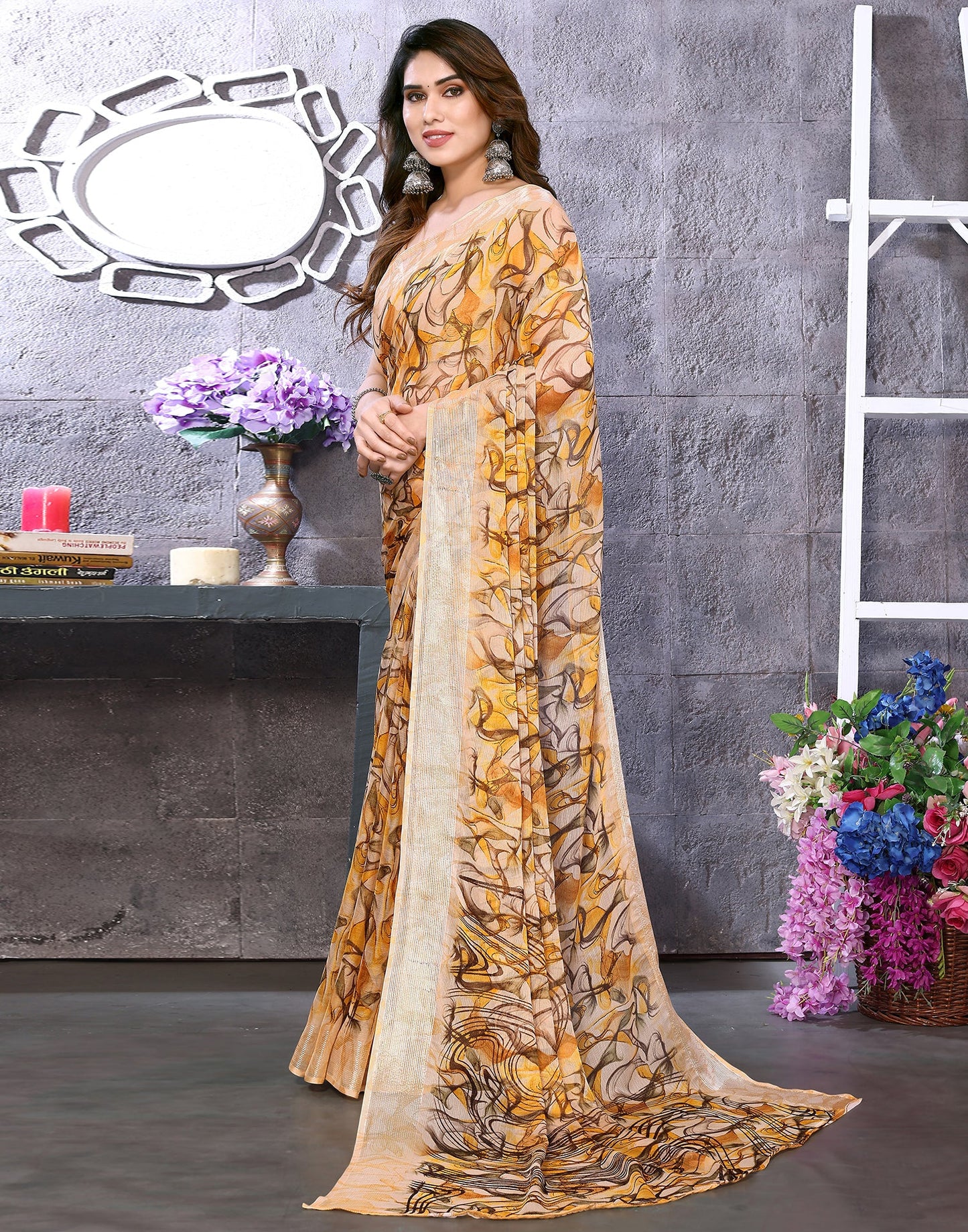 Turmeric Yellow Chiffon Printed Saree