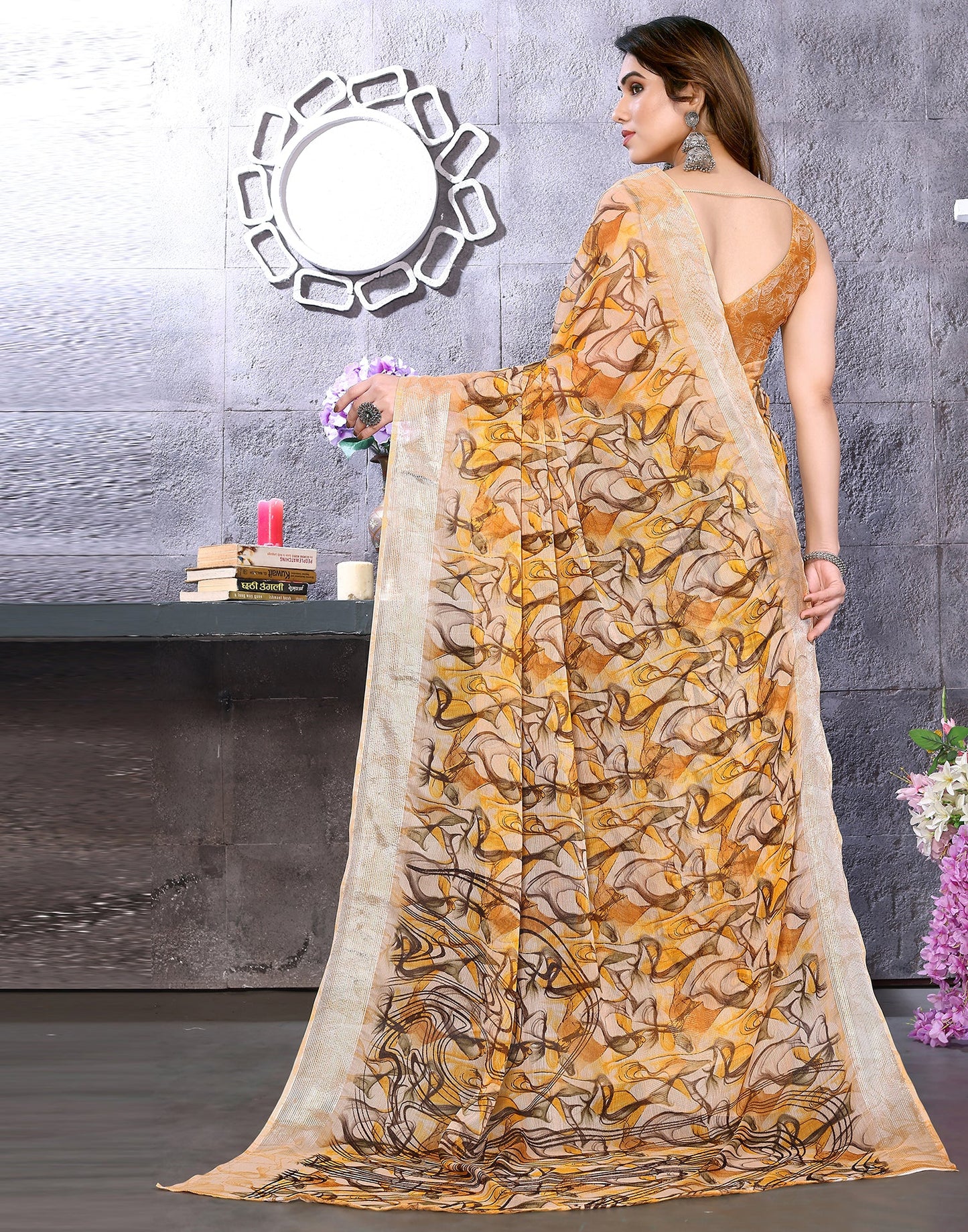 Turmeric Yellow Chiffon Printed Saree