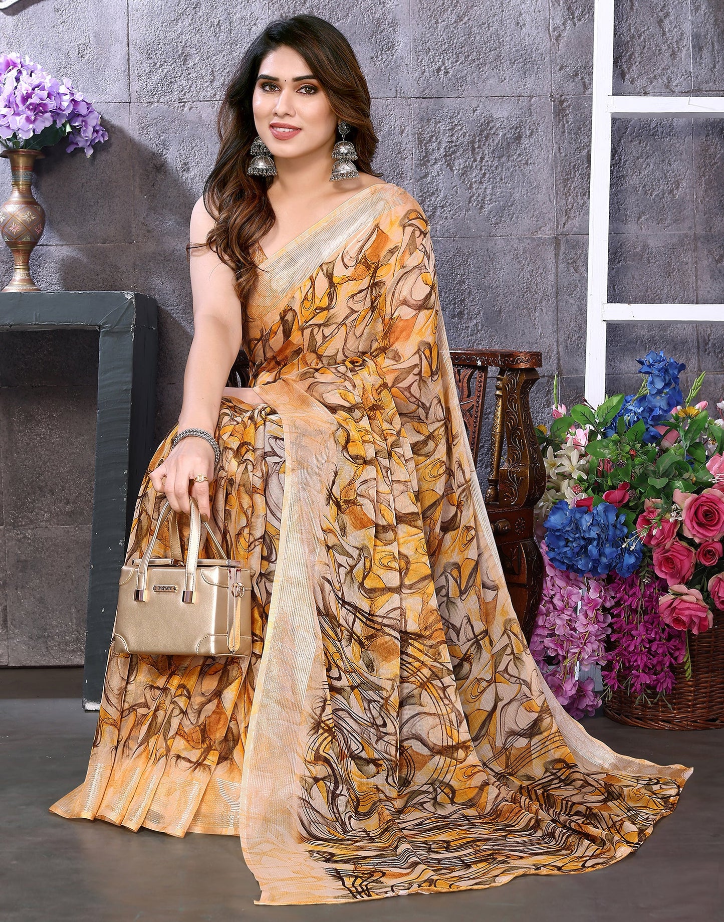 Turmeric Yellow Chiffon Printed Saree