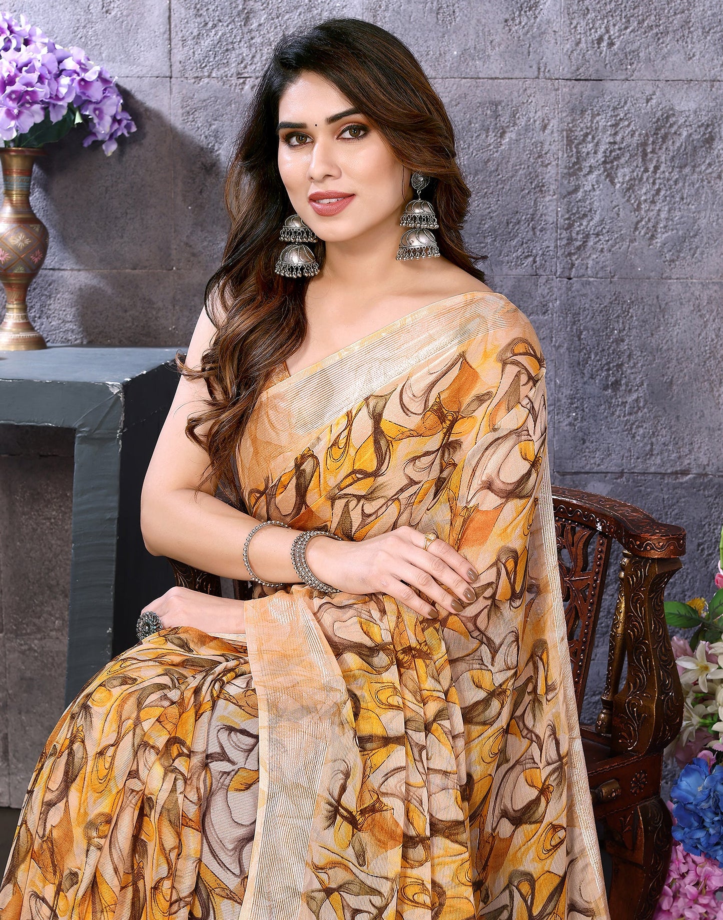 Turmeric Yellow Chiffon Printed Saree