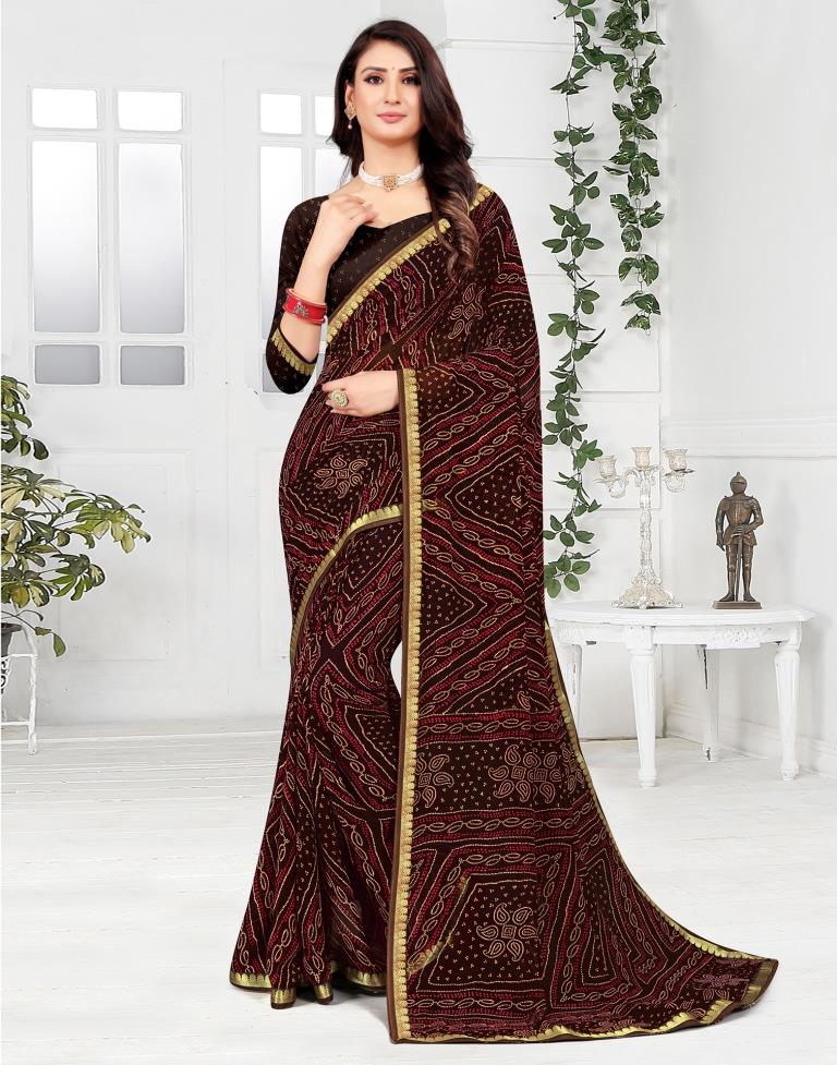 Dark Brown Bandhani Georgette Saree