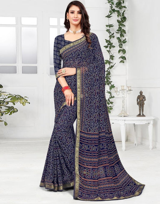Navy Blue Georgette Bandhani Printed Saree