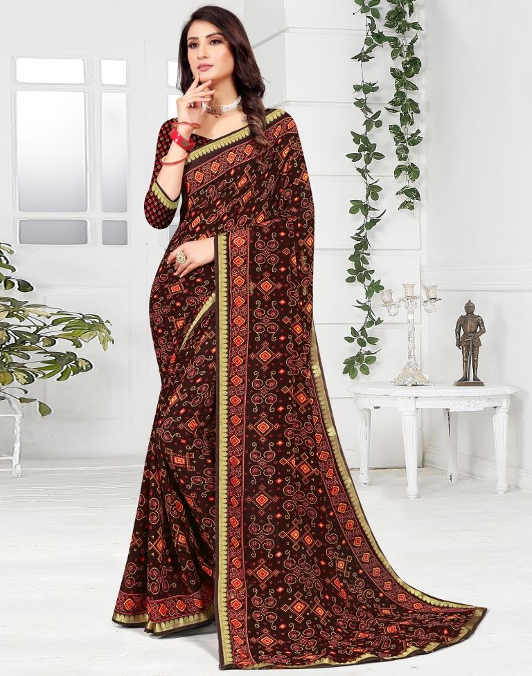 Dark Brown Georgette Bandhani Printed Saree