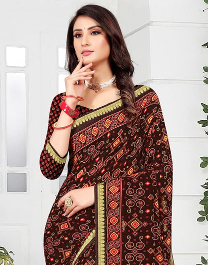 Dark Brown Georgette Bandhani Printed Saree