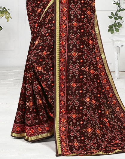 Dark Brown Georgette Bandhani Printed Saree