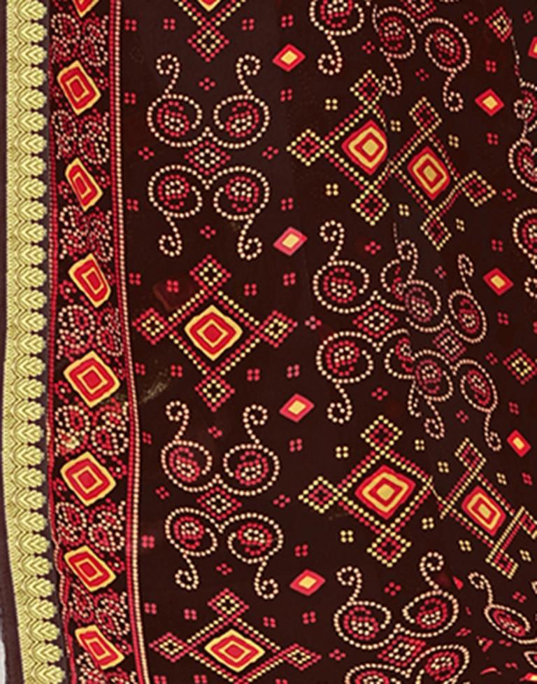 Dark Brown Georgette Bandhani Printed Saree