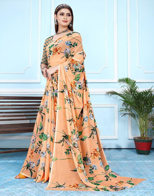 Peach Georgette Digital Printed Saree