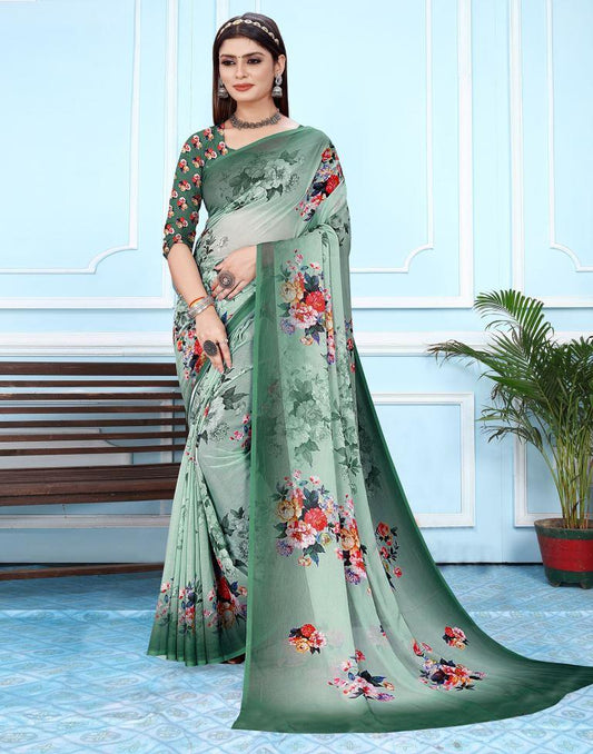 Mint Green Georgette Digital Printed Saree