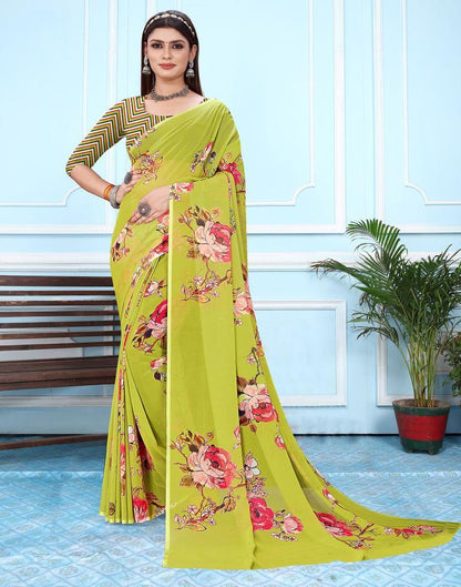 Light Olive Green Georgette Digital Printed Saree