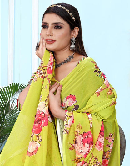 Light Olive Green Georgette Digital Printed Saree