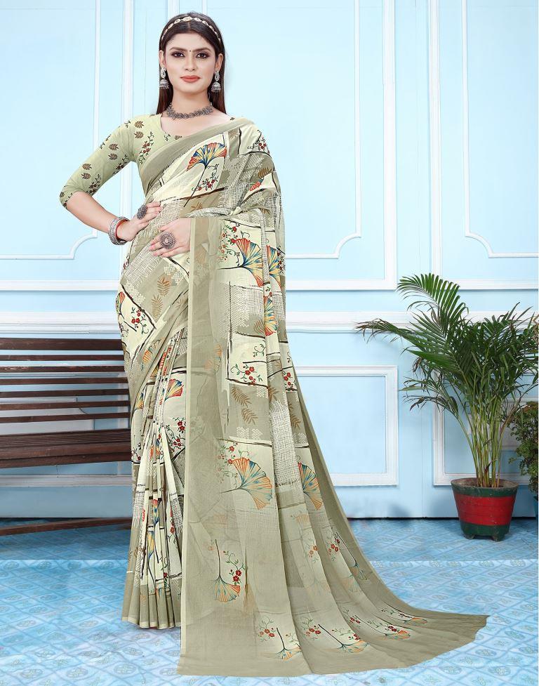 Cream Georgette Digital Printed Saree