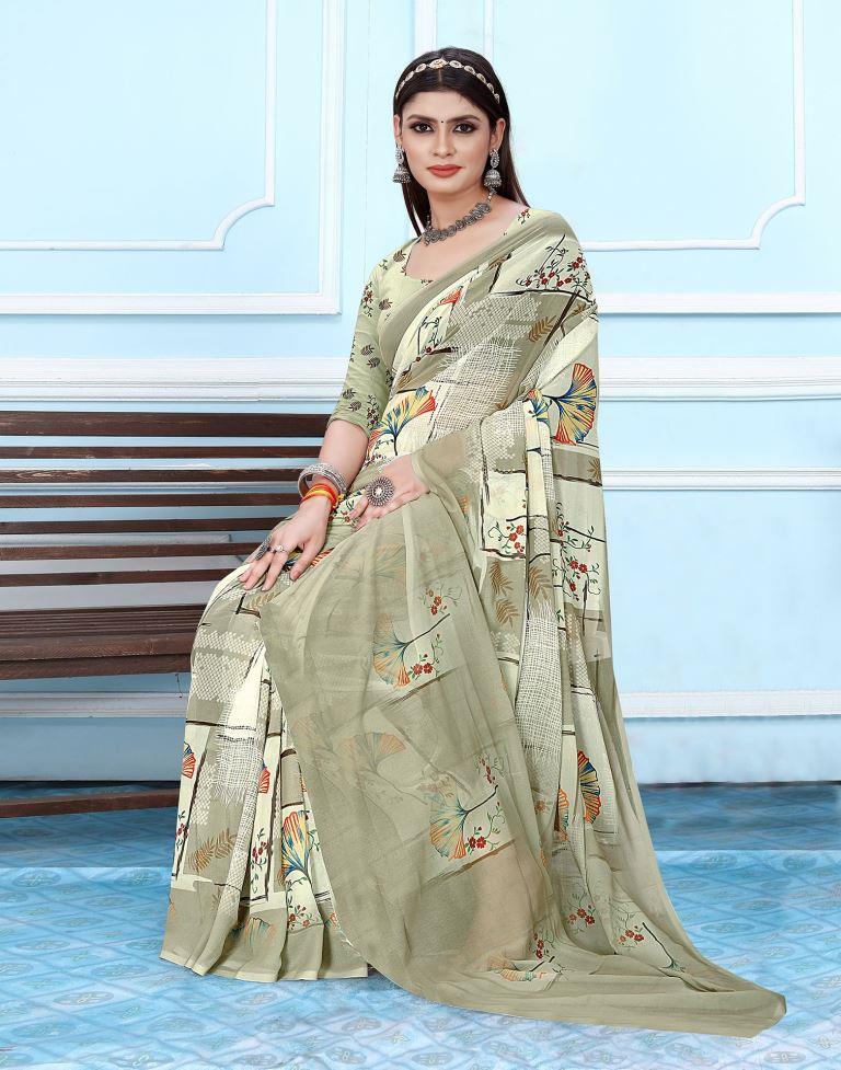 Cream Georgette Digital Printed Saree