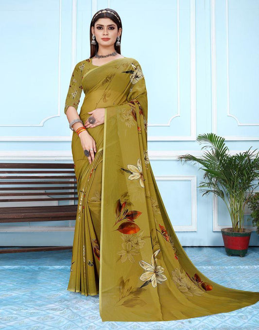 Mehandi Georgette Digital Printed Saree